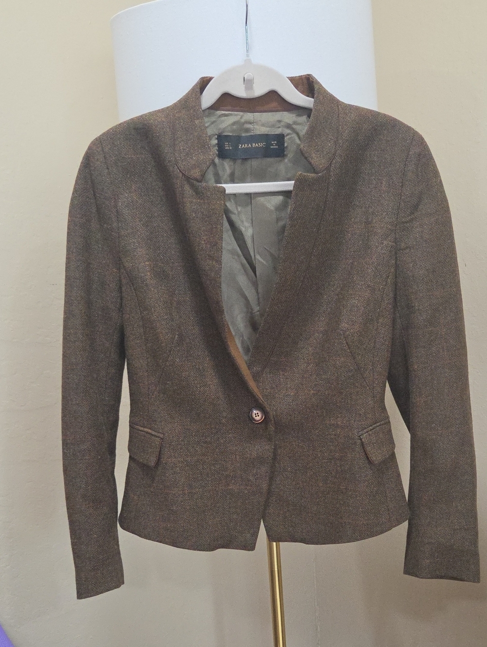 Zara Brown Tweed Single-Button Lambs Wool  Blazer